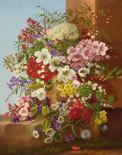 A Bounty of Flowers on a Stone Ledge by Adelheid Dietrich
